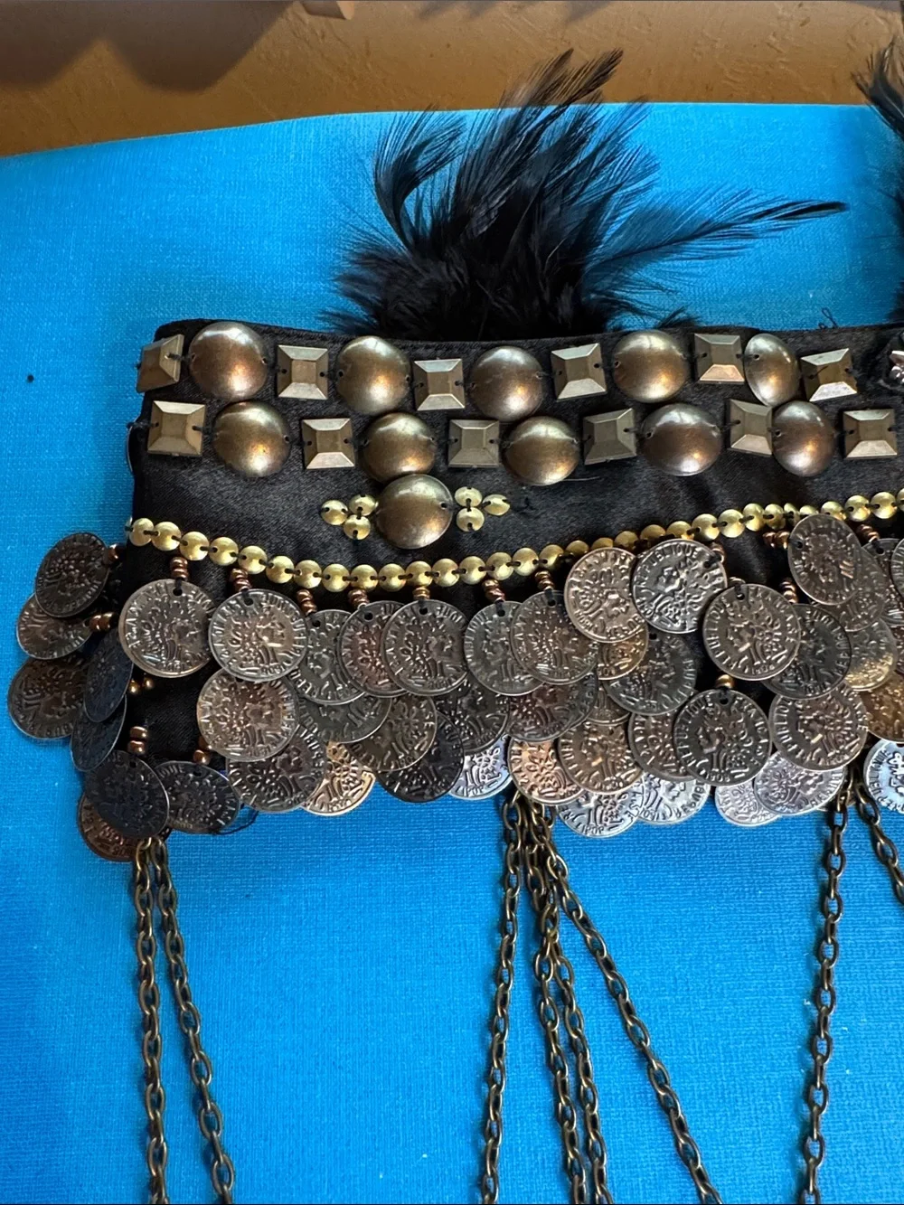 Black Beaded Coin Fringe Belly Belt with Feather Accents